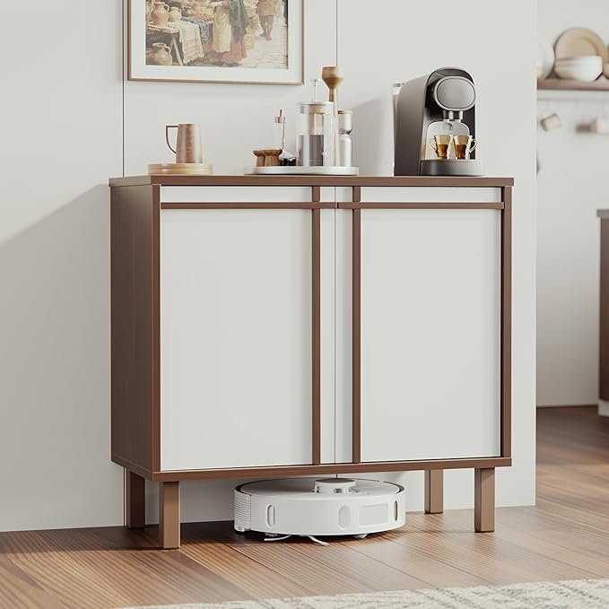 Sideboard Buffet Cabinet with Storage, 2 Doors, Adjustable Shelves, Wooden Mid Century Coffee Bar Cabinet for Entryway, Living Room, Kitchen, Walnut/White
