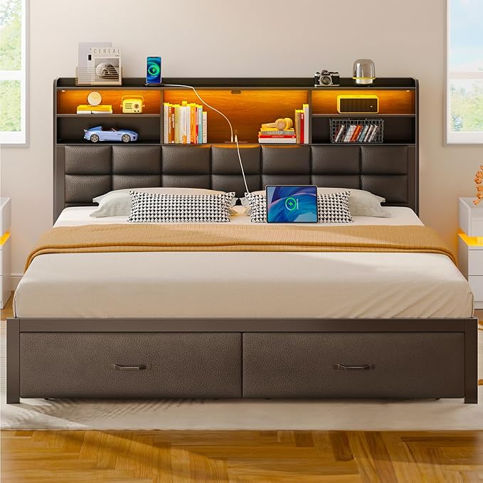 Rolanstar Bed Frame King Size with Drawers and Charging Station, Upholstered Platform Bed with Storage Headboard and LED Light, Heavy Duty Metal Frame Support, No Box Spring Needed, Noise Free, Black