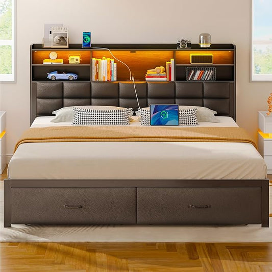 Rolanstar Bed Frame King Size with Drawers and Charging Station, Upholstered Platform Bed with Storage Headboard and LED Light, Heavy Duty Metal Frame Support, No Box Spring Needed, Noise Free, Black
