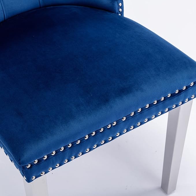 Solid Wood Dining Chair with Nailhead Trim,Velvet Upholstered W/Chrome Stainless Steel Plating Legs,Set of 2,for Living Room,Apartemnt,Blue and Chrome