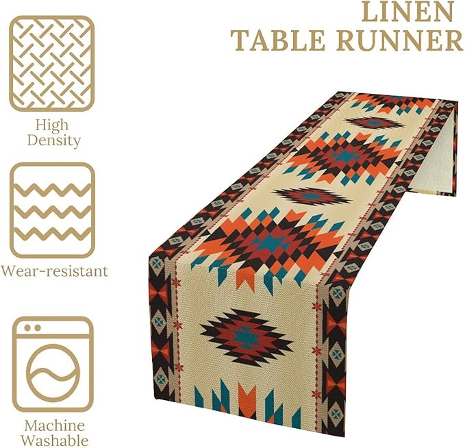 Aztec Southwest Retro Table Runner Vintage Geometry Triditional Ethnic Style Garden Farmhouse Dining Table Decoration for Living Room Kitchen 13x60in