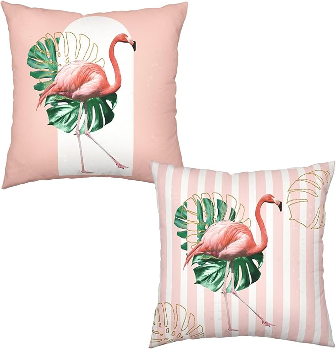 Flamingo Throw Pillow Covers 24x24 Inch Set of 2 Spring Summer Tropical Green Leaf Pink Bird Pillow Cases Modern Abstract Arch Pink Vertical Stripe Cushion Cover for Living Room Couch Sofa