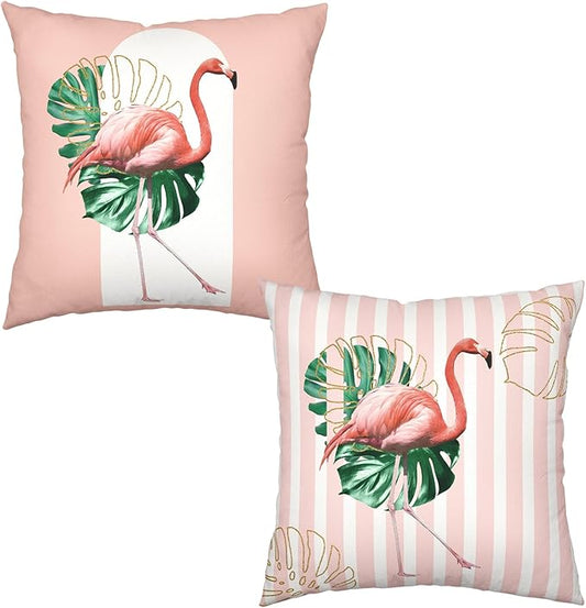 Flamingo Throw Pillow Covers 24x24 Inch Set of 2 Spring Summer Tropical Green Leaf Pink Bird Pillow Cases Modern Abstract Arch Pink Vertical Stripe Cushion Cover for Living Room Couch Sofa