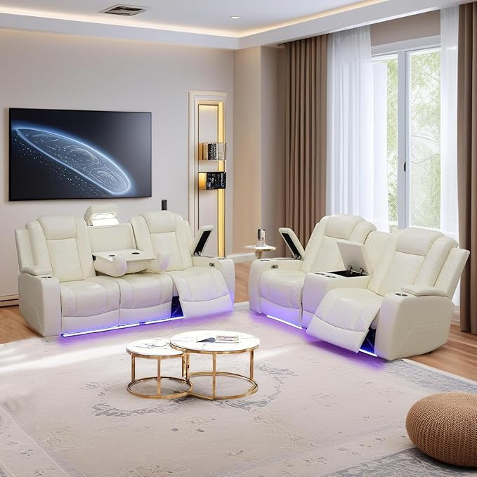 Power Reclining Sofa Set for Living Room, Leather Recliner Loveseat and Couch with Drop-Down Table, Power Pads, Cup Holders, Storage Console for House/Home Teather(Sofa and Loveseat, Cream)