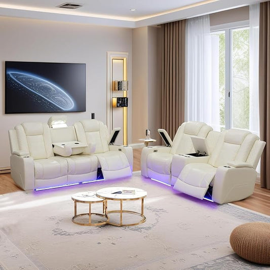 Power Reclining Sofa Set for Living Room, Leather Recliner Loveseat and Couch with Drop-Down Table, Power Pads, Cup Holders, Storage Console for House/Home Teather(Sofa and Loveseat, Cream)