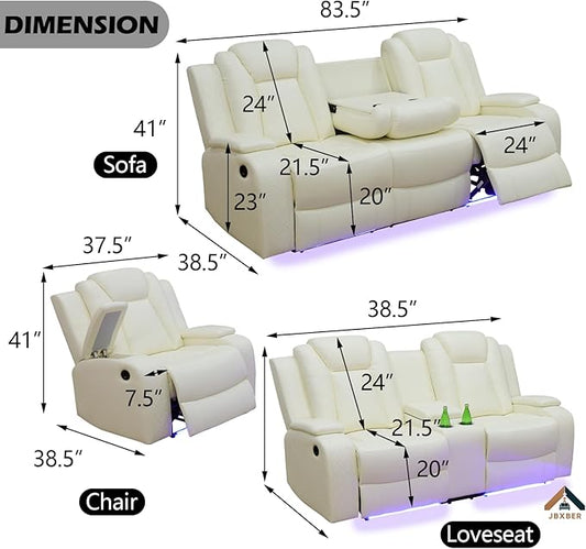 Power Recliner Sofa Set for Living Room, Leather Reclining Sofa Sets with Storage Console, Living Room Furniture Sets with LED Lights(Loveseat and Chair,Creamy)