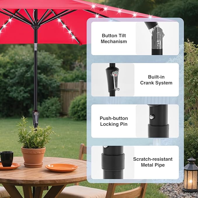 DUMOS 10 FT Outdoor Patio Umbrella with 32 LED Lights, UV-Resistant Outdoor Table Umbrella with Tilt and Crank for Backyard, Deck, Garden and Beach, Red