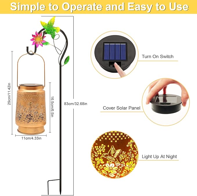 Solar Lanterns Outdoor Hummingbird Garden Decor, Gifts for Women Mom Grandma Birthday, Metal Hanging Solar Lights Waterproof with Shepherd Hook LED Decoration Outside for Garden Yard Patio Porch