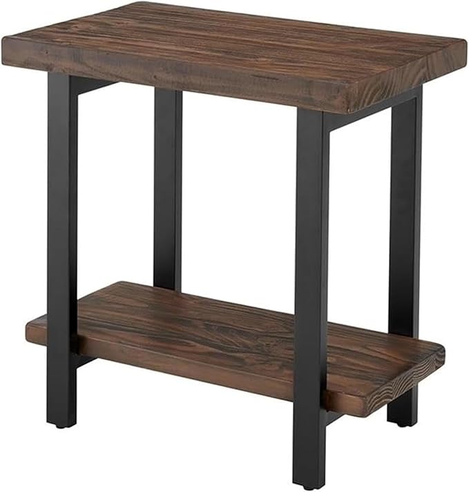 Alaterre Furniture Pomona Living Room Collection – 2-Tier Solid Wood End Table with Natural Finish and Metal Legs – Modern Farmhouse Accent or Home Décor (Rustic Brown)