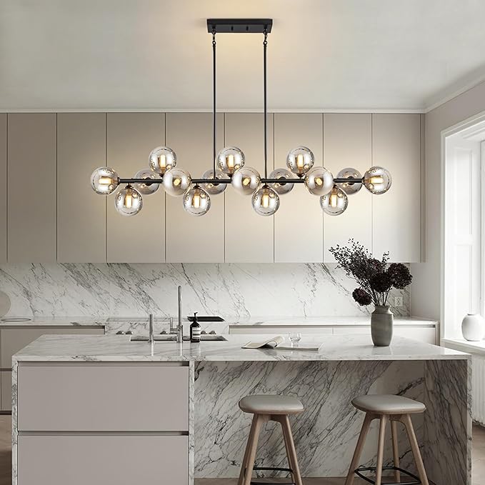 Chandelier,16-Light Black Linear Sputnik Chandelier 55inch Large Pendant Lights Kitchen Island Modern Chandeliers for Dining Room Light Bubble Gray Globe Kitchen Island chandelier Farmhouse Chandelier