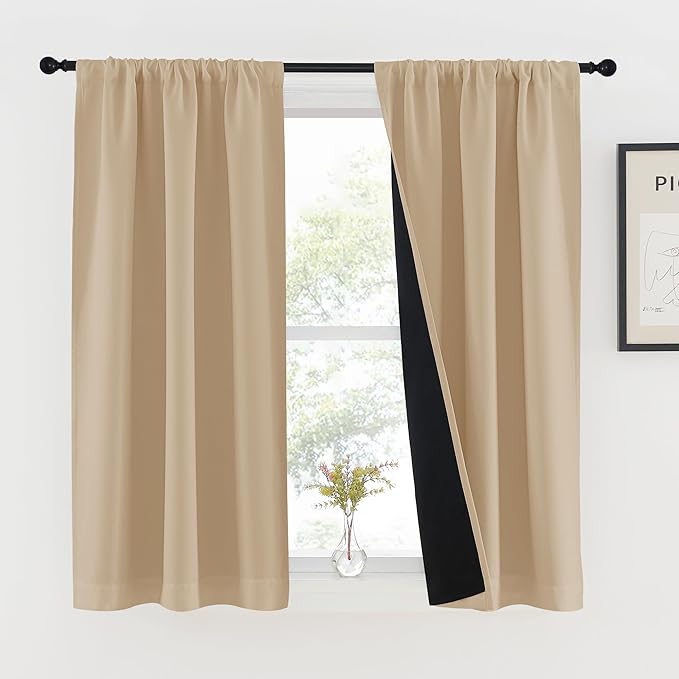 NICETOWN Biscotti Beige 100% Blackout Curtains 45" Long for Kitchen, Rod Pocket Basement Completely Blackout Thermal Insulated Lined Drapes for Small Window (1 Pair, 37" Width Each Panel)