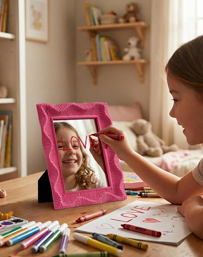 Modern Aesthetic Mirror for Girly Bedroom Wall Decoration, 9.5x7.5 Makeup Table Mirror with Wavy Frame for Creative Workspace, Room Makeover Gift for Mom Daughter Sister Friend (Rose Pink)