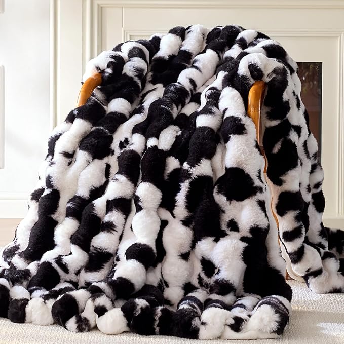 Faux Fur Throw Blanket, 1000GSM Fluffy Soft Bubble Blanket for Couch Bed, Cozy Plush Warm and Thick Blanket, Fuzzy Rabbit Throw for Living Room Bedroom 50''*60'' Cow Black
