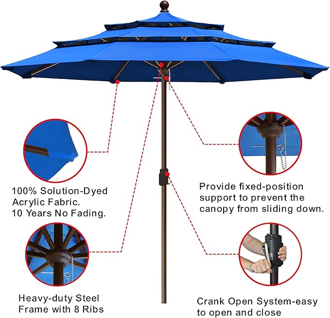 EliteShade USA 10-Year-Non-Fading 11ft 3-Tier Market Patio Umbrella, Commercial Grade Outdoor Table Umbrella with Crank Open, Windproof & UPF 50+ UV Protection, Heavy Duty Ventilation for Garden, Deck, Pool, Backyard, Beach & Bistro, No Tilt, Royal Blue