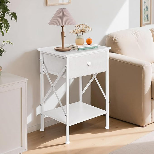 VECELO Nightstand Set of 2, X-Design End Side Table with Fabric Storage Drawer and Open Shelf, Bedside Night Stand with Steel Frame for Bedroom, Living Room,Dorm, Easy Assembly,White