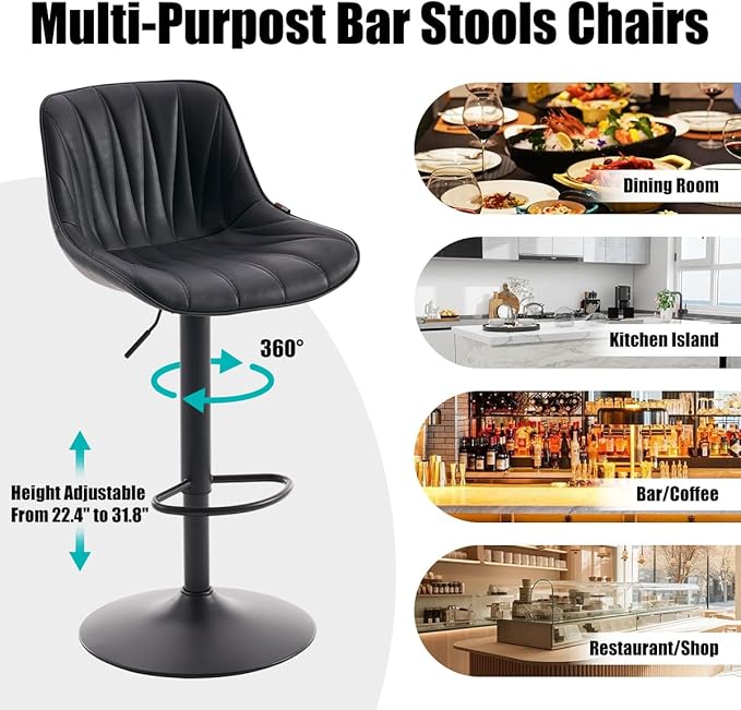 Kidol & Shellder Bar Stools Set of 2 Black Adjustable Swivel Counter Height Barstools Upholstered Modern PU Leather Bar Chairs Stools for Kitchen Island