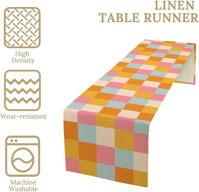 70s Hippie Table Runner Vintage Geometric Square Square Grid Yellow Orange Pink Blue 1960s 1970s Retro Country Farmhouse Dinner Runner for Living Room Kitchen Party Holiday Dinner Home Decor 13x70in