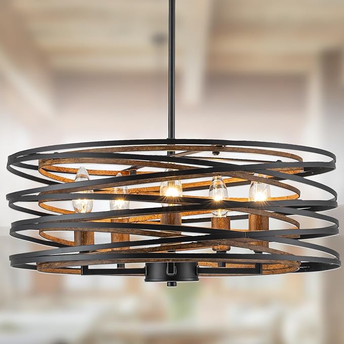 Bargeni Chandeliers,20 Inch Dining Room Light Fixture,Matte Black Dining Room Chandelier with Wood-Like Interior,5-Light Farmhouse Chandelier for Kitchen Island,Living Room,Foyer,Stairway