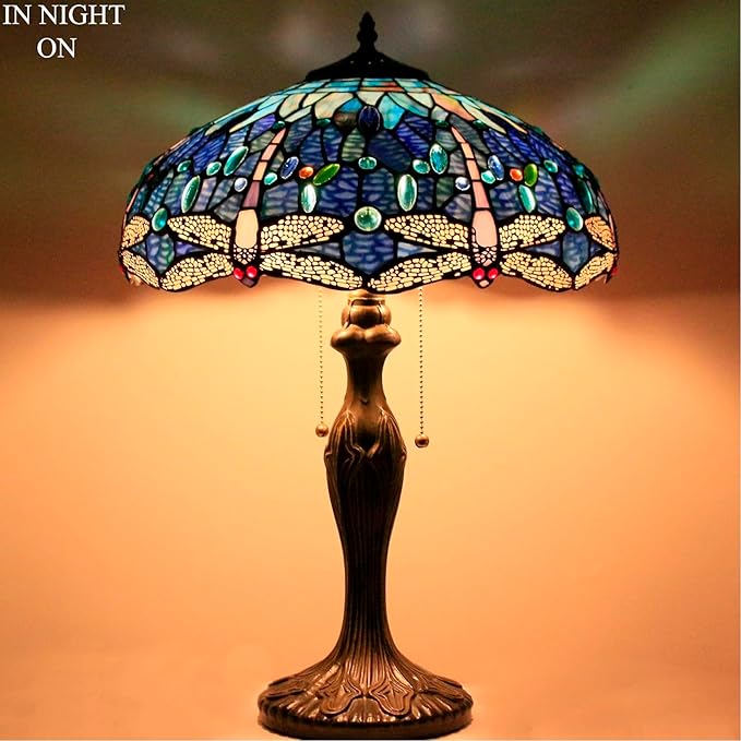 WERFACTORY Tiffany Lamp Blue Stained Glass Dragonfly Style Bedside Table Lamp 16X16X24 Inch Desk Reading Light Metal Base Decor Bedroom Living Room Home Office S631 Series
