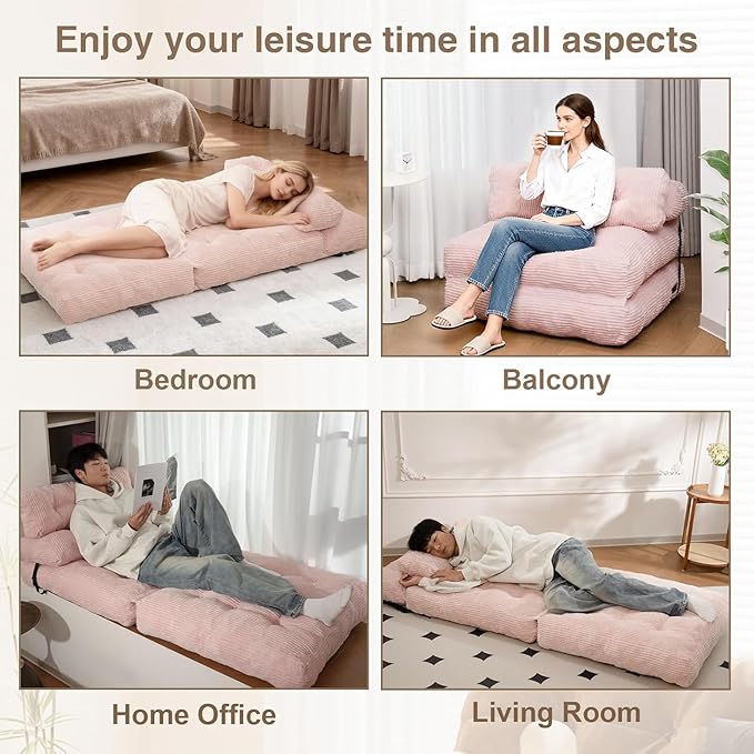 Folding Sofa Bed, Folding Chair Bed with Pillow, Convertible Lazy Sofa Bed with High-Density Support Foam, Fold Out Chair for Small Spaces Living Room Bedroom, Pink