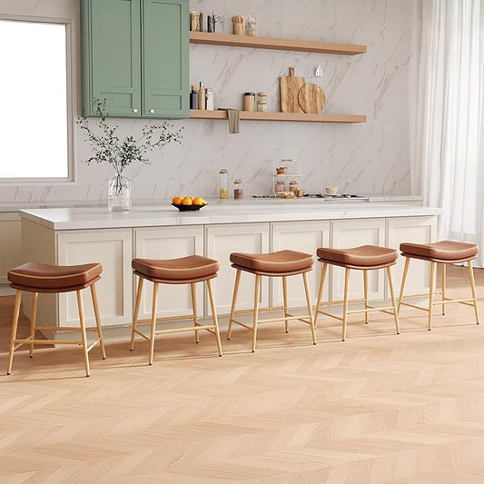 Bar Stools Set of 5, Counter Height Bar Stools with Thick PU Leather Saddle Seat & Sturdy Metal Frame Legs,Backless Bar Stools for Kitchen Island Dining Cafe,Brown