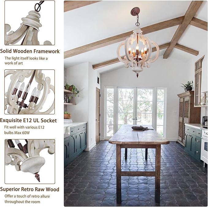 5-Lights Wood Farmhouse Chandelier, Dining Room Light Fixture, Industrial Rustic Farmhouse Chandeliers for Dining Room Kitchen Island Bedroom Foyer Hallway Front Door