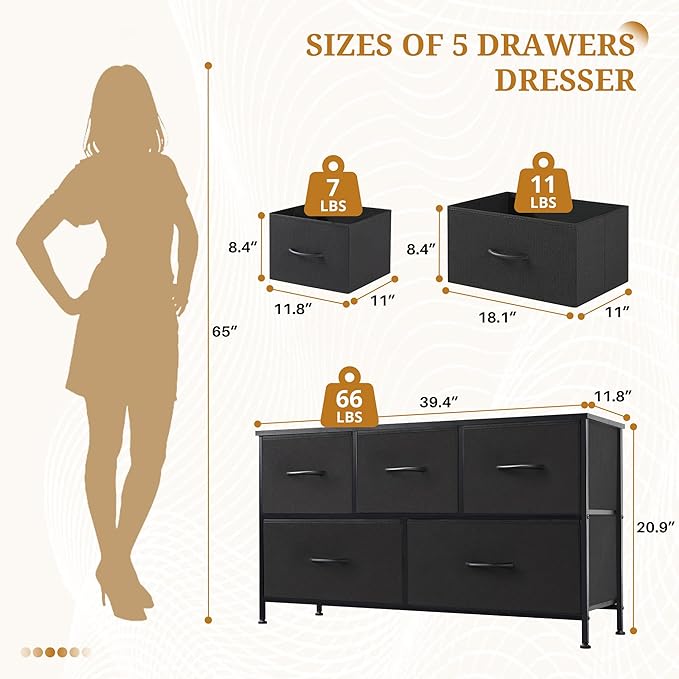 Dresser with 5 Drawers for Bedroom, Fabric Clothes Cabinet for Closet, Anti-Tip TV Stand for 45" TV, Storage Dresser with Metal Frame for Living Room, Entryway, Dorm, Black