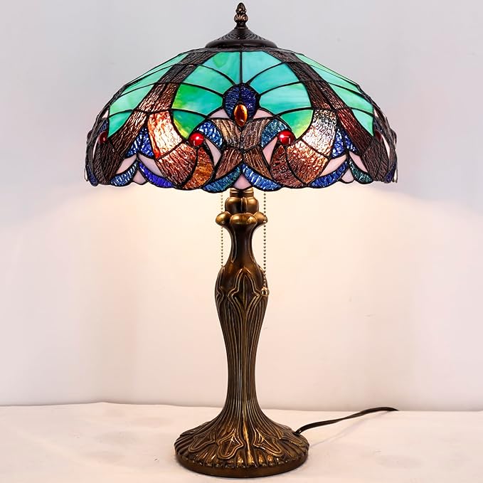 WERFACTORY Tiffany Style Lamp Green Liaison Stained Glass Bedside Table Lamp 16X16X24 Inches Desk Light Metal Base Decor Bedroom Living Room Home Office S160G Series Teal Purple