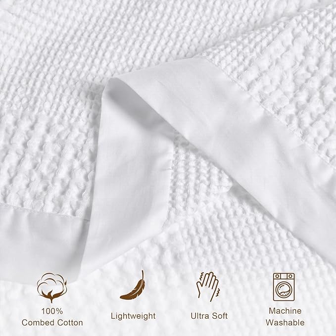 meadow park Cotton Waffle Blanket with Cotton Sateen Binding - Full/Queen Size - Lightweight and Breathable - Washed Waffle Throw - White Color.