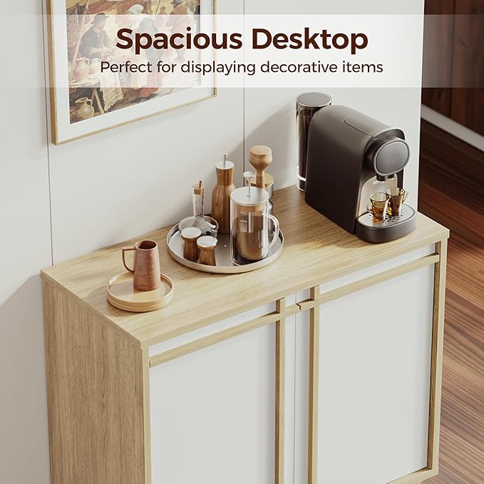 Sideboard Buffet Cabinet with Storage, 2 Doors, Adjustable Shelves, Wooden Mid Century Coffee Bar Cabinet for Entryway, Living Room, Kitchen, Natural/White