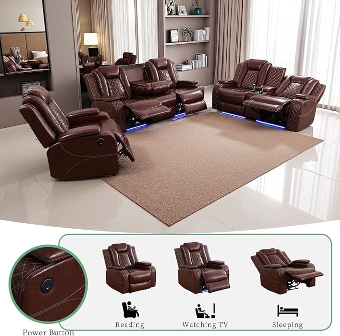 Living Room Set Brown Breathing Leather Sofa Living Room Furniture Set Power Recliner Manual Sofa,Loveseat and Chair with Cup Holders/Storage Console/LED Light for Living Room