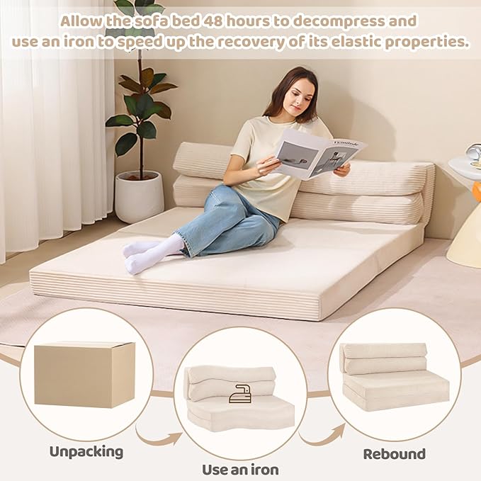 JUIKURY Folding Sofa Bed, Convertible Sleeper Chair with Pilow Foldable Matress, 2 in 1 Pull Out Loveseat Sofa Portable Fold Out Chair Bed Floor Couch Lounge for Living Room Bedroom (Beige, Queen)