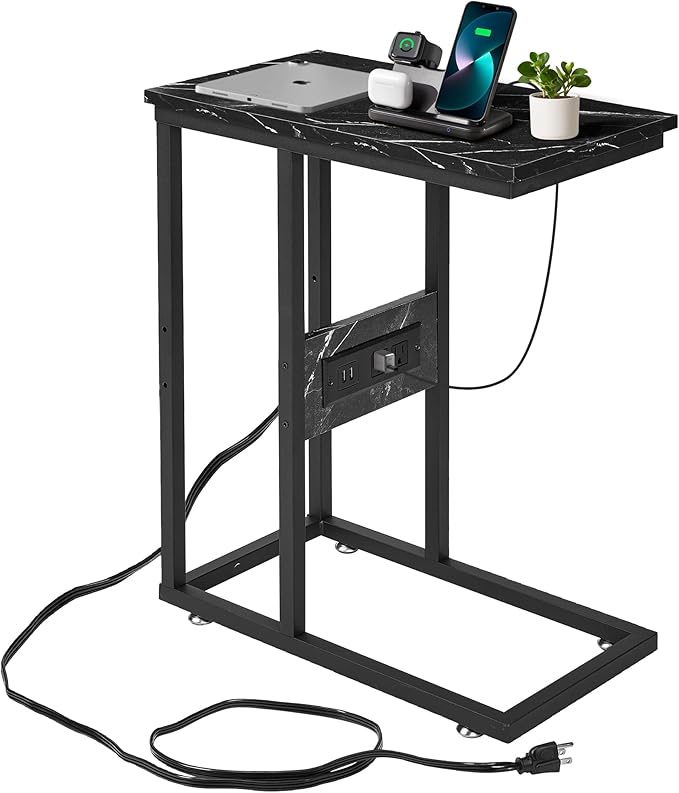 VECELO C-Shaped End Side Table with Charging Station & 2 USB Ports and Outlets for Living Room, Bedroom, with Adjustable Feet for Couch Sofa, Bedside, Small Spaces， Black Marble