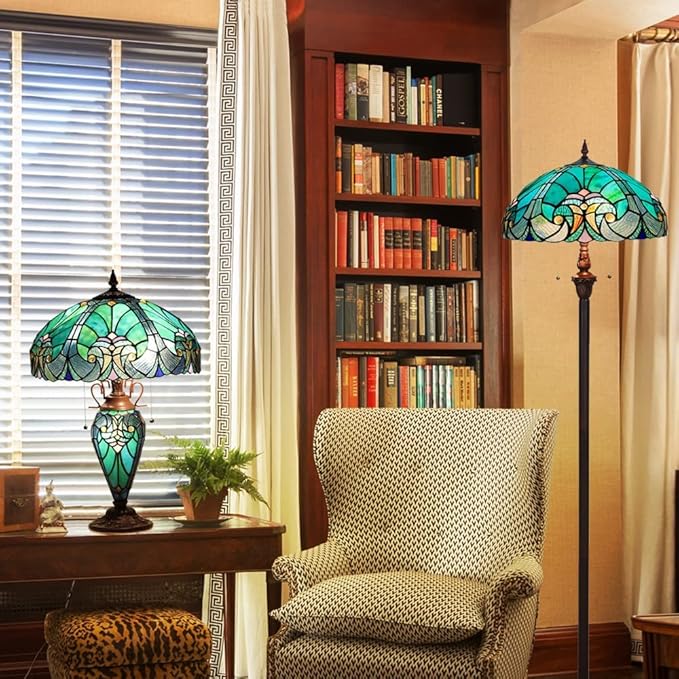Tiffany Floor Lamp,Stained Glass Lamp Shade,Vintage Antique Style Standing Double Light for Living Room & Bedroom