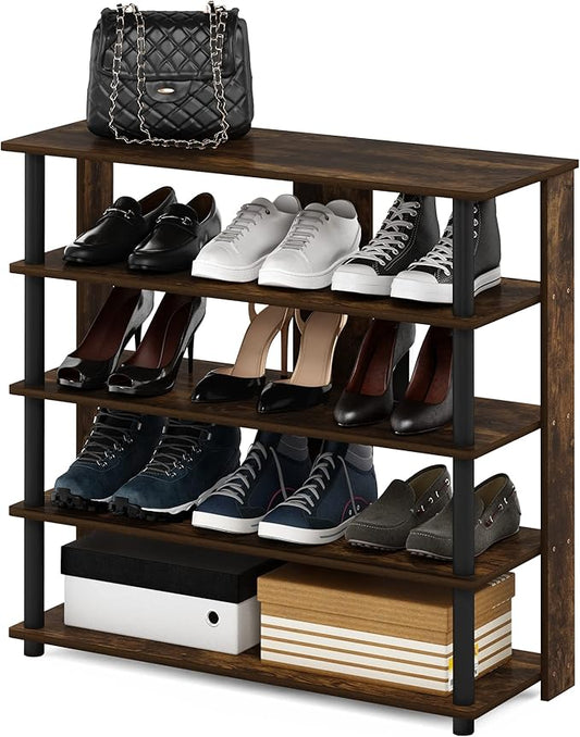 Furinno Turn-N-Tube 5 Tier Wide Shoe Rack, Amber Pine/Black