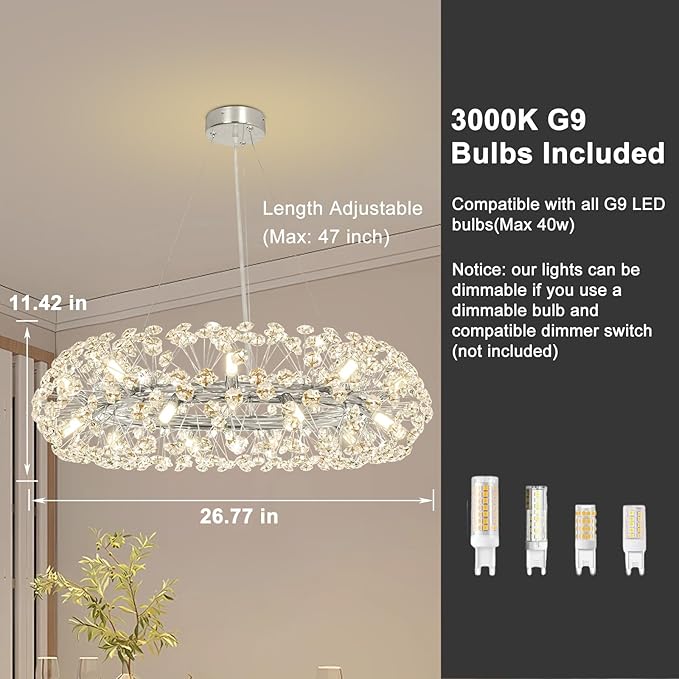 Depuley 20-Light Modern Silver Crystal Chandelier, 26.8" Firework Crystal Ring Chandeliers, Round Dandelion Chandelier, Sputnik Ceiling Pendant Light Fixtures for Dining Room(G9 Bulbs Included)