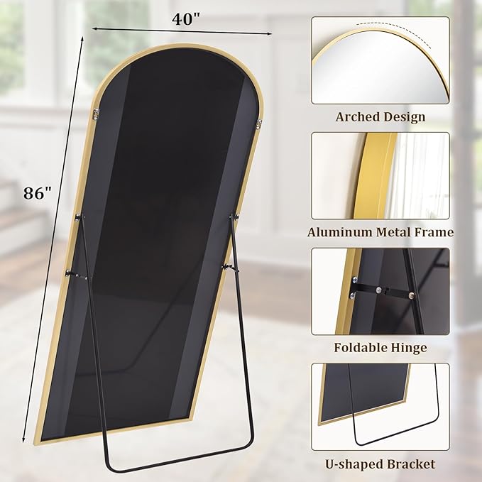 86" x 40" Large Arch Full Length Mirror - Floor Full Body Mirror with Aluminum Frame - Standing, Leaning or Hanging, for Bedroom, Living Room, Gold