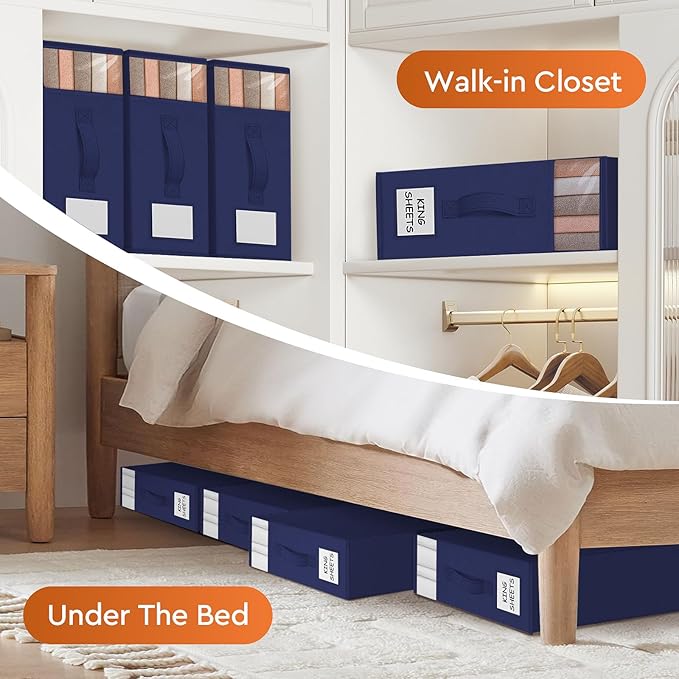 8 Pack Bed Sheet Closet Organizers and Storage,Sturdy Foldable Storage Containers with Window and Label,Storage and Organization for Bedding Sheets,Duvet Covers,Blankets (Blue)