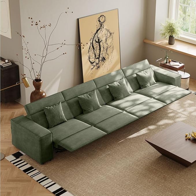 145" Power Sofa, Modern Recliner Sofa for Living Room, Performance Fabric Seats with Pillows, Mid Century Modern Couch, Pet Friendly, Free Combination for Home, Green