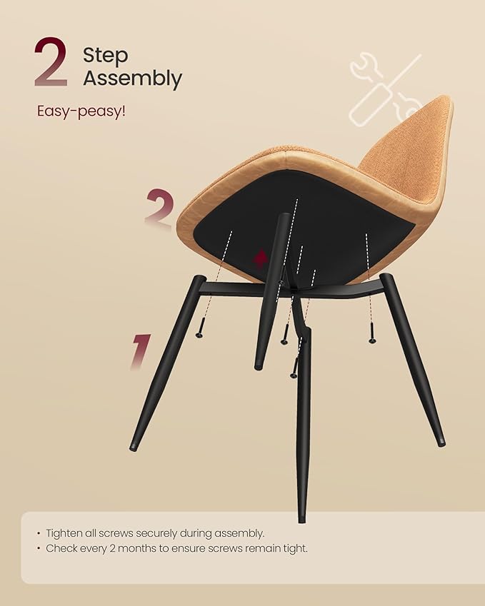 VASAGLE Set of 6 Dining Chairs, Dining Room Kitchen Chairs, Metal Frame, Adjustable Feet, Easy to Clean, Chenille Fabric, Glacier-Textured Synthetic Leather, Caramel Brown UKDC187K01-3J