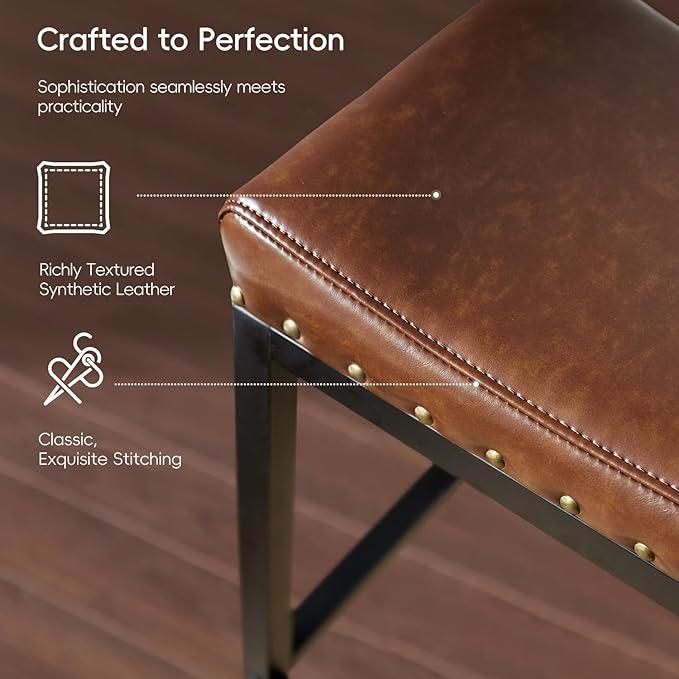 Counter Height Bar Stools Set of 2, 25.5 Inch, Industrial Vintage Bar Stool with Nailhead, Faux Leather Barstool with Footrest, Saddle Stool for Kitchen Island, Dining Room, Easy Assembly