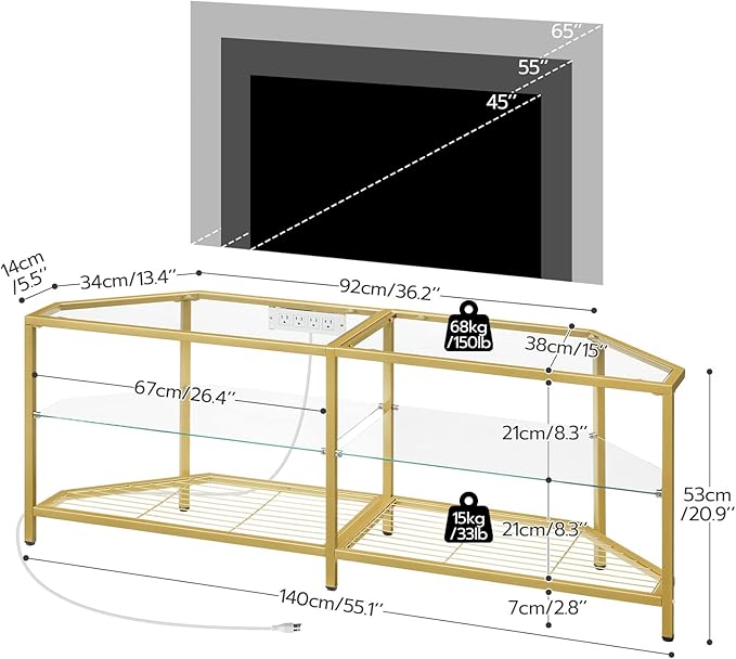 HOOBRO Corner TV Stand with Power Outlet for TVs up to 60", Modern 55" Corner TV Console Table with Open Shelves, Tempered Glass Media Entertainment Center for Living Room, Bedroom, Gold GD143UDS01