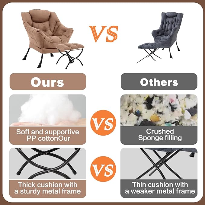 Lazy Chair with Ottoman, Large Khaki Accent Chair with Ottoman, Comfy Reading Armchair, Leisure Sofa Chair for Living Room, Bedroom, Dorm Room, Office