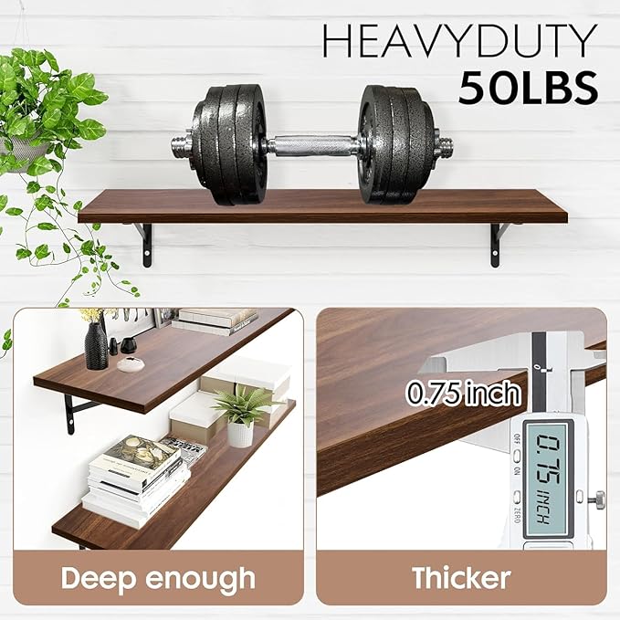 Kaboon 45 inch Long 10 inch Deep Floating Shelves for Wall Set of 2, Large Open Shelves Wall Mounted, Space Saving Home and Commercial Use, Walnut