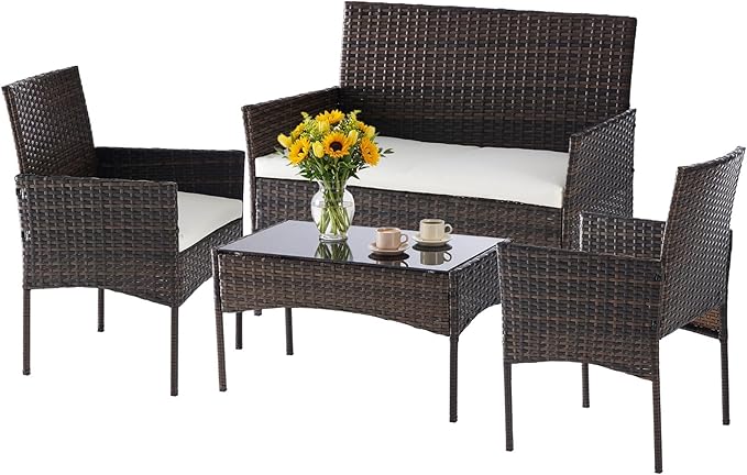 DUMOS 4 Piece Patio Furniture Set, All-Weather Outdoor Wicker Conversation Set with Removable Cushions & Tempered Glass Coffee Table, for Porch, Balcony, Lawn, Backyard, Brown