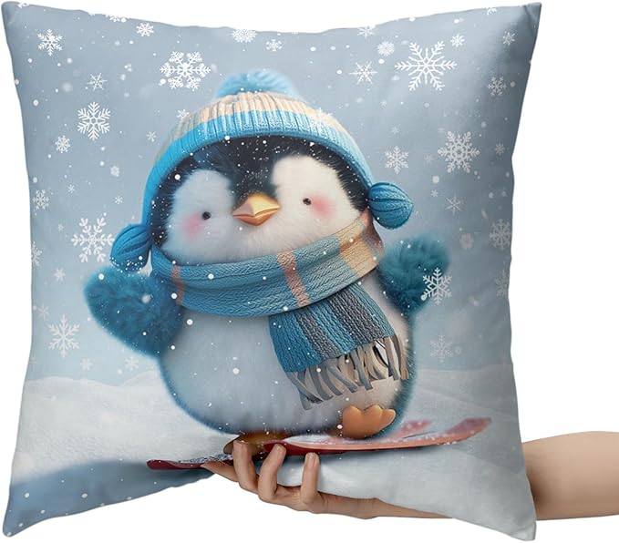 Winter Pillow Covers 22x22 Set of 2 Adorable Skiing Penguins Throw Pillow Covers Snowflakes Pillow Case Double Sided Printing Cushion Case for Home Decor Couch Sofa