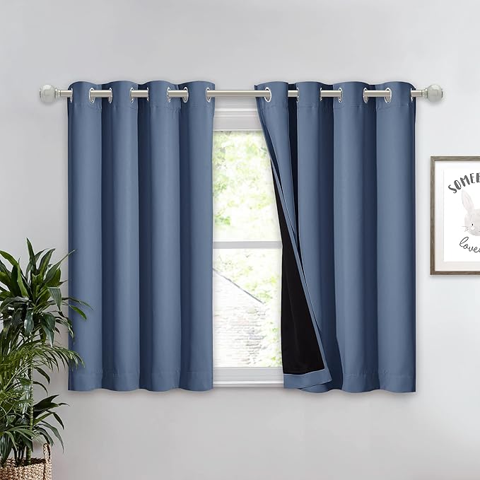NICETOWN Small 100% Blackout Curtain with Black Liner, Thermal Insulated 2-Layer Lined Drape, Energy Efficiency Small Window Drapery for Dining Room (Stone Blue, 1 Panel, 52-inch W by 45-inch L)
