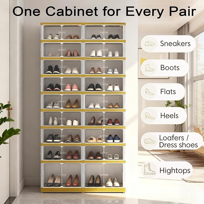 Foldable Shoe Organizer Cabinet Collapsible Shoe Rack, 9 Tier 36 Pairs Shoe Storage Boxes, Folding Shoe Rack with Magnetic Transparent Doors Easy Assembly Shoe Shelves Organizer, White Gold