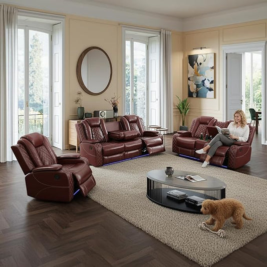 Power Recliner Sofa Set, Breathing Leather Reclining Couch Set, 3 Piece Living Room Furniture Set with LED Lights/Charging Ports/Storage for Home/Office (Auburn, Sofa+Loveseat+Chair)