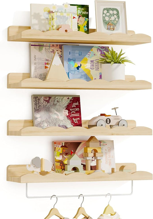 Fixwal Nursery Book Shelves, 16.5 Inch Floating Bookshelves for Wall Set of 4, Scalloped Wall Book Shelves with Towel Rack for Kids, Toddler Room, Baby Room, Nursery Decor and Storage(Natural Wood)